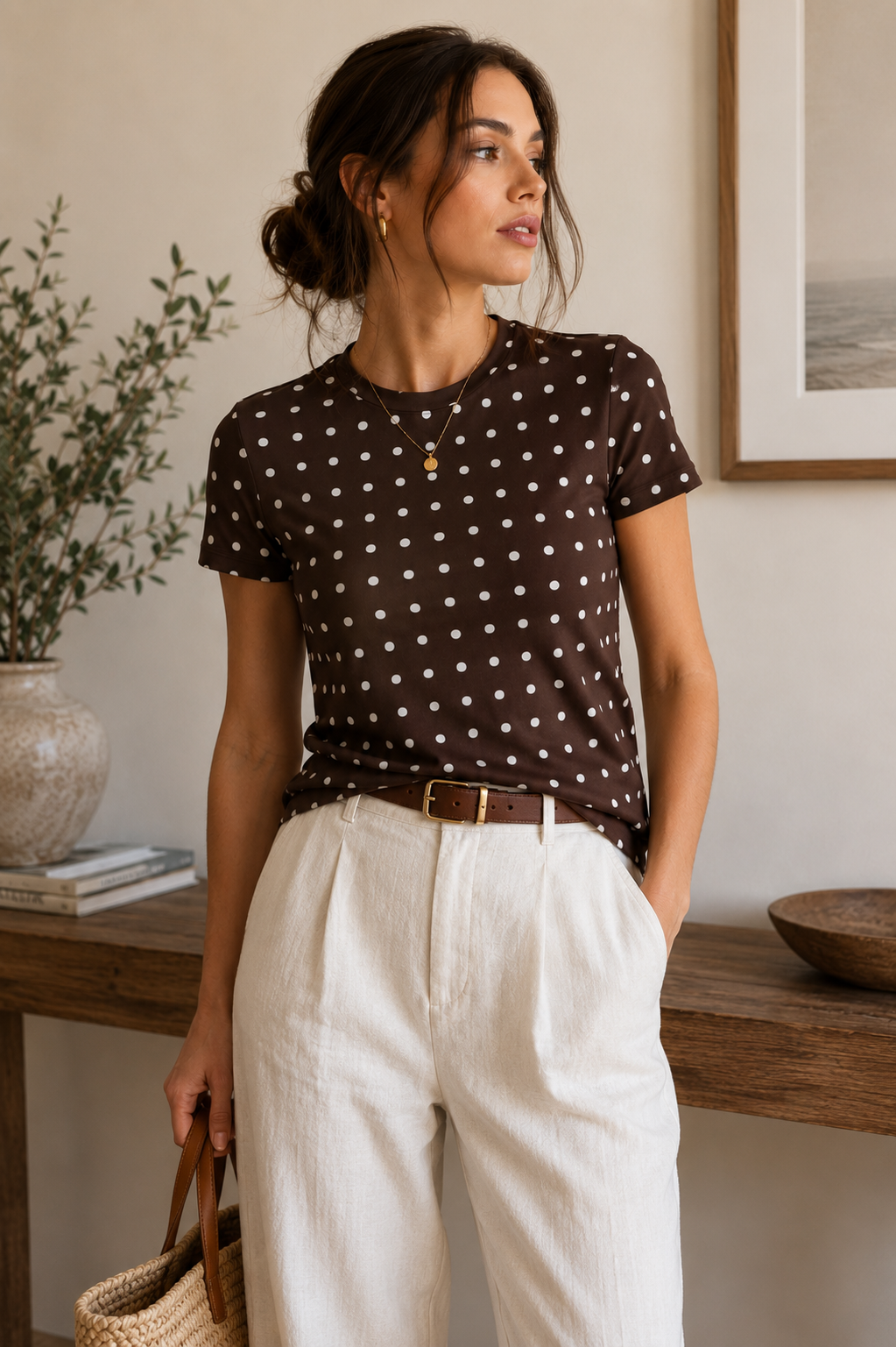 AZAL RŪH Chocolate Polka Dot Tee | Brown & Ivory Retro T-Shirt