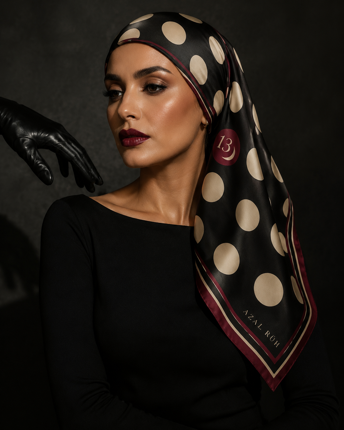 Midnight Polka XIII Bandana - black ivory and burgundy scarf, AZAL RŪH