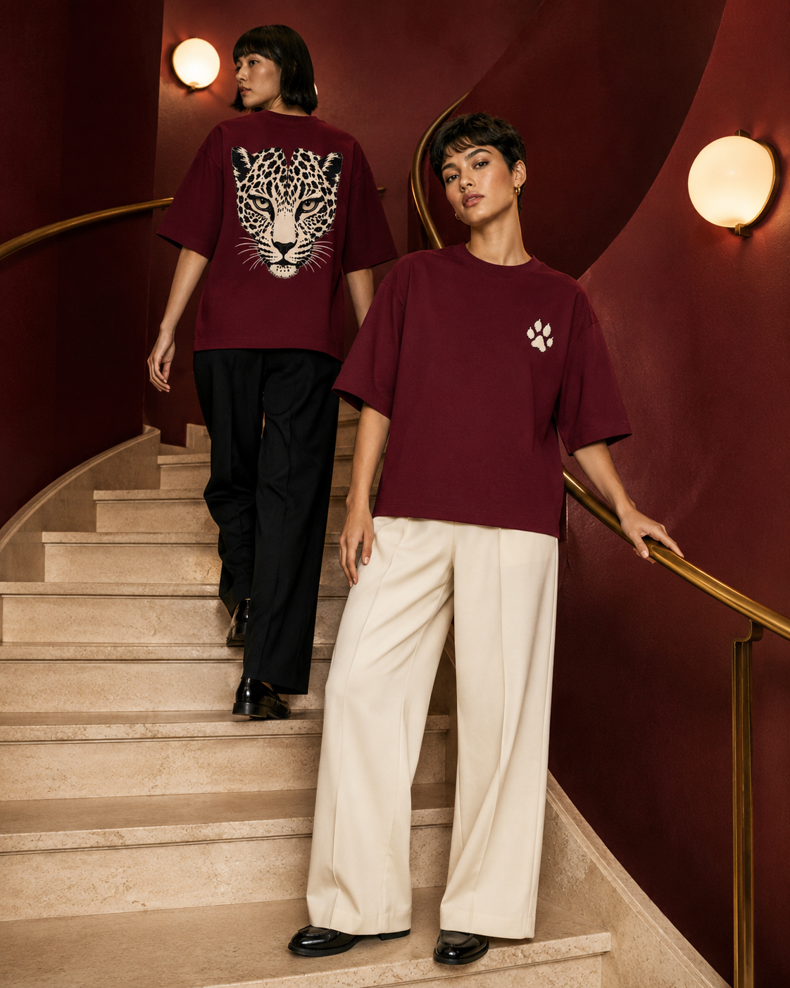 WILD 68 Leopard Boxy Tee — Burgundy