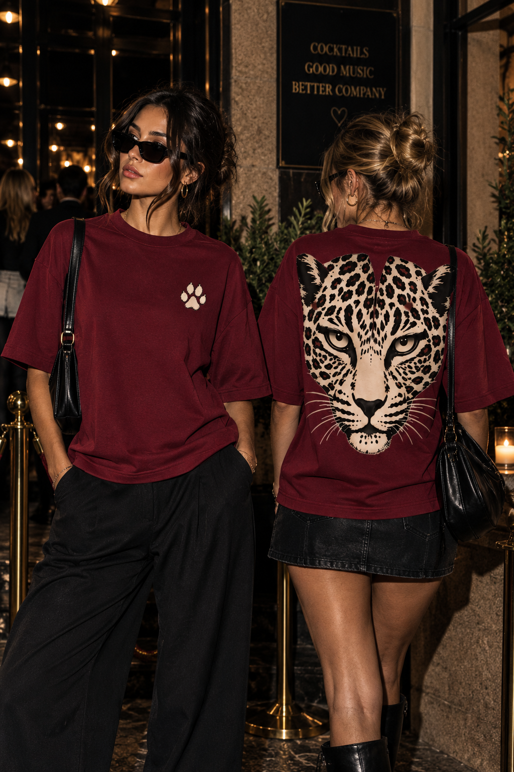 WILD 68 Leopard Boxy Tee — Burgundy