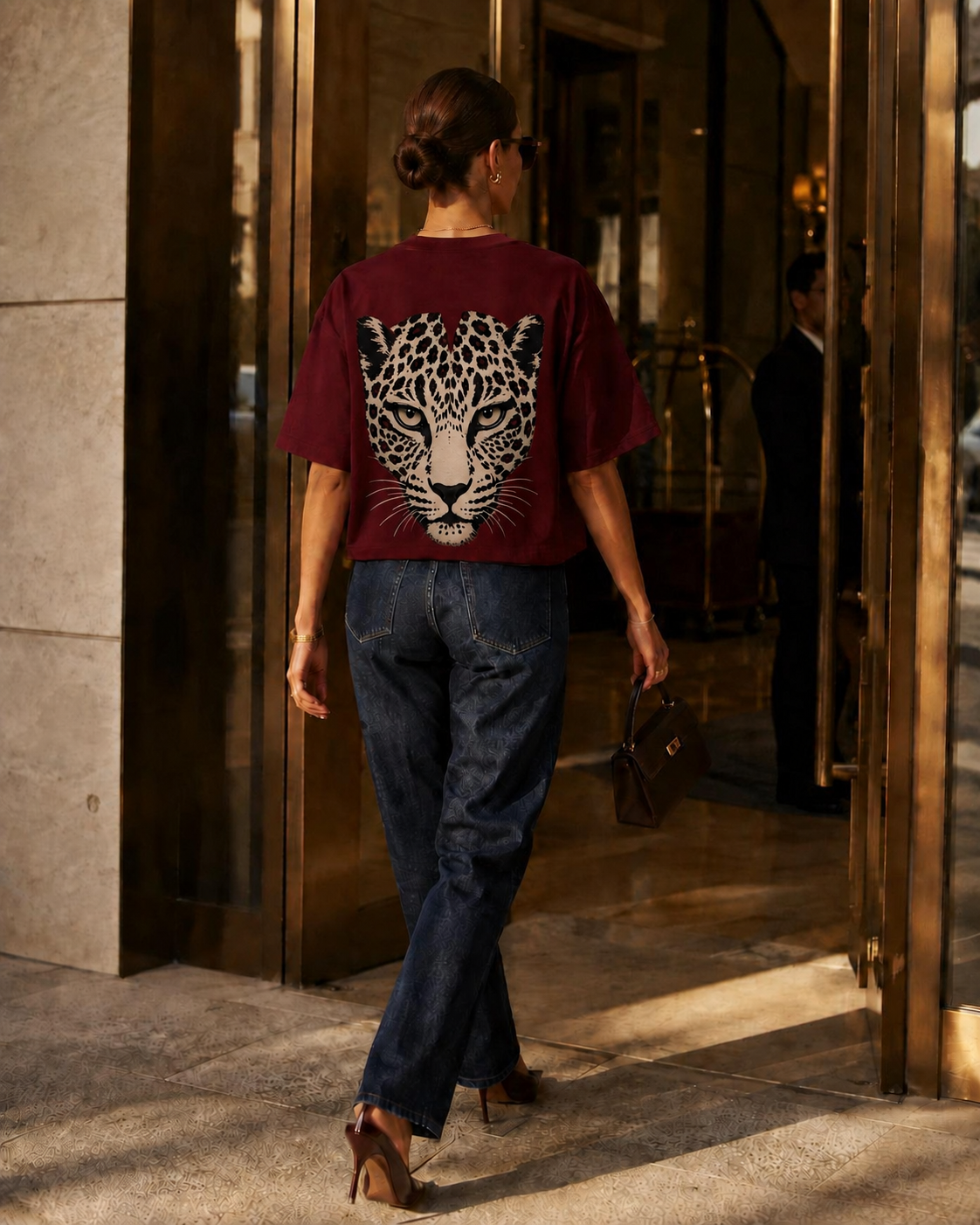 WILD 68 Leopard Boxy Tee — Burgundy