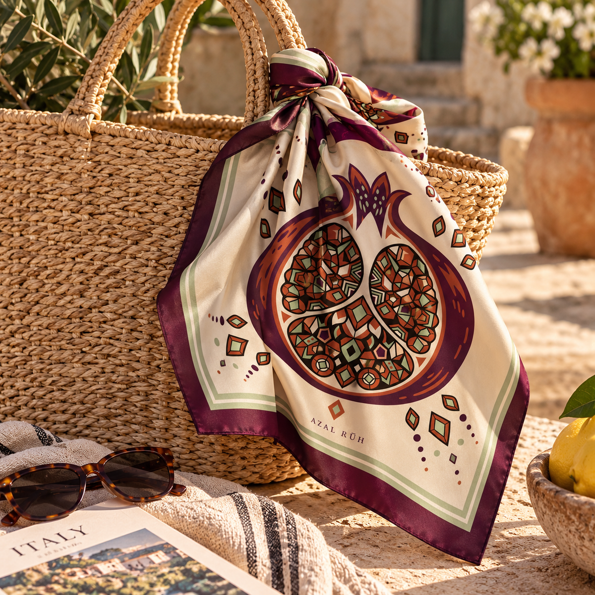 AZAL RŪH Pomegranate Mosaic Bandana – Burgundy & Sage Geometric Scarf