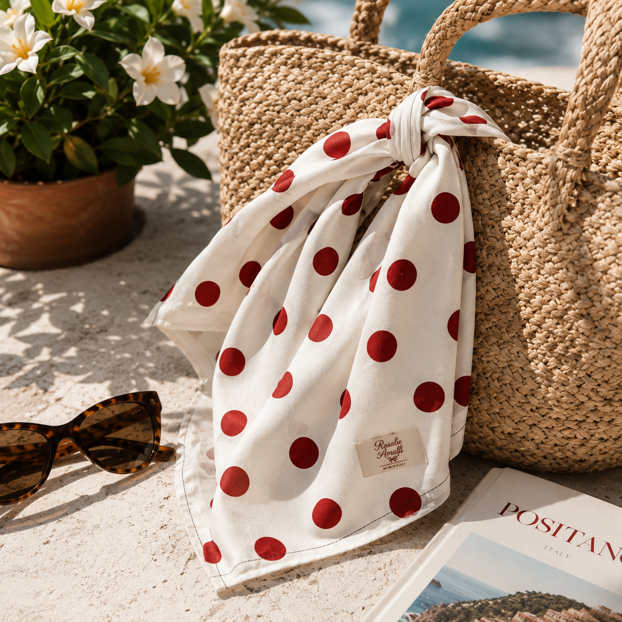 AZAL RŪH Rosalie Polka Dot Bandana Scarf \| Cream & Red Retro Hair Scarf