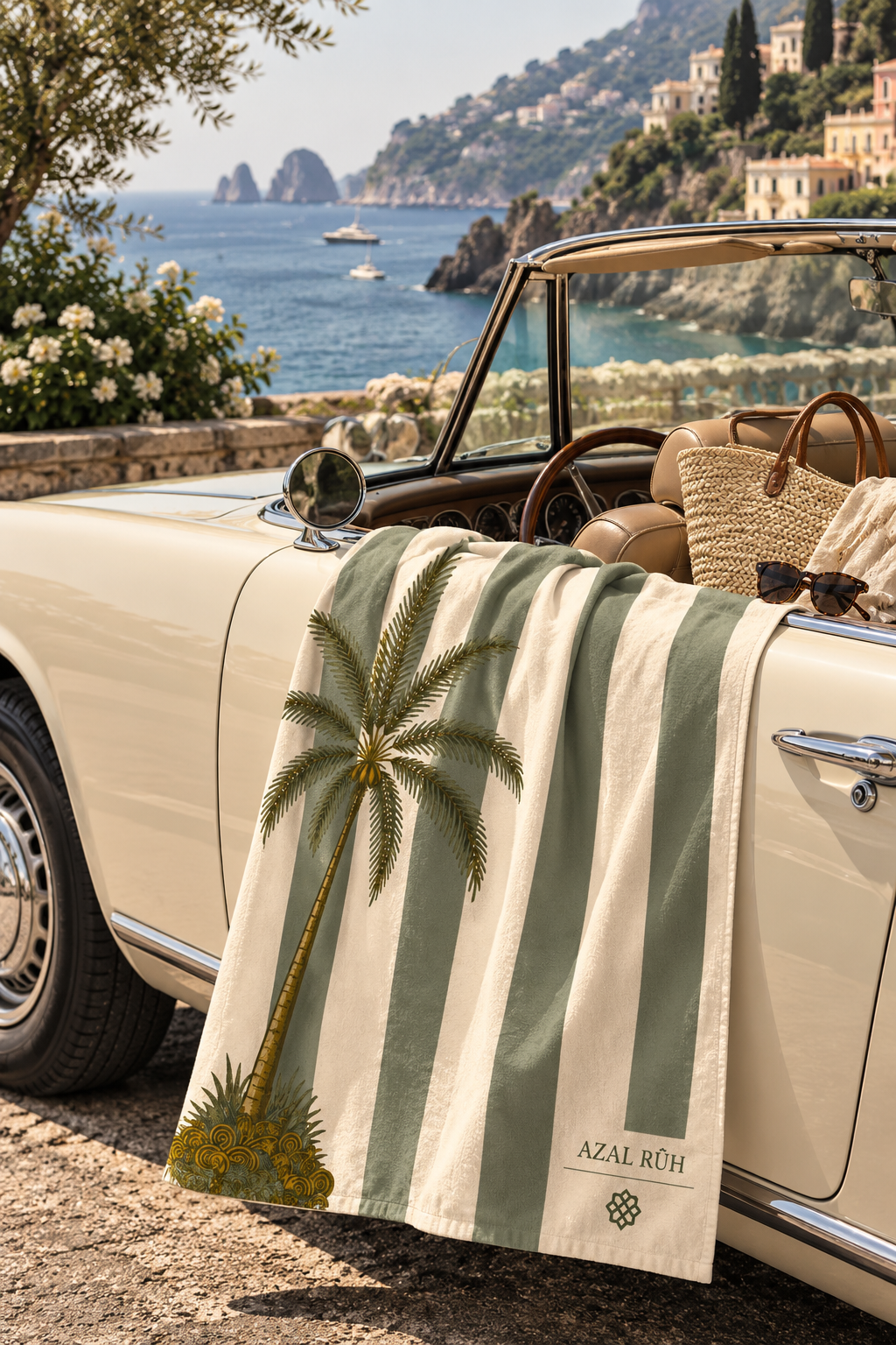 Sage Palm Stripe Beach Towel styled for poolside lounging