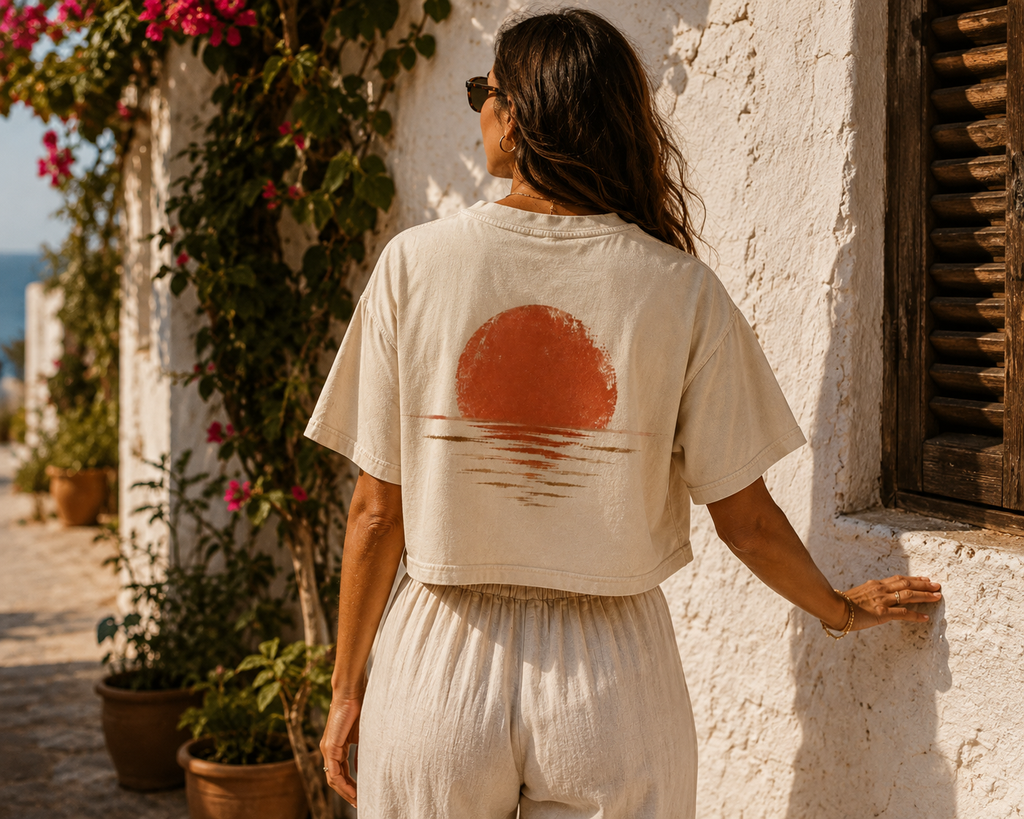 AZAL RŪH Golden Horizon Mineral Wash Crop Tee \| Vintage Sunset T\-Shirt