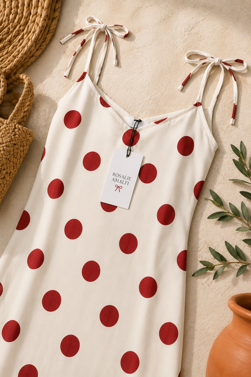 AZAL RŪH Rosalie Polka Dot Midi Dress | Red & Cream Riviera Tie-Strap Dress
