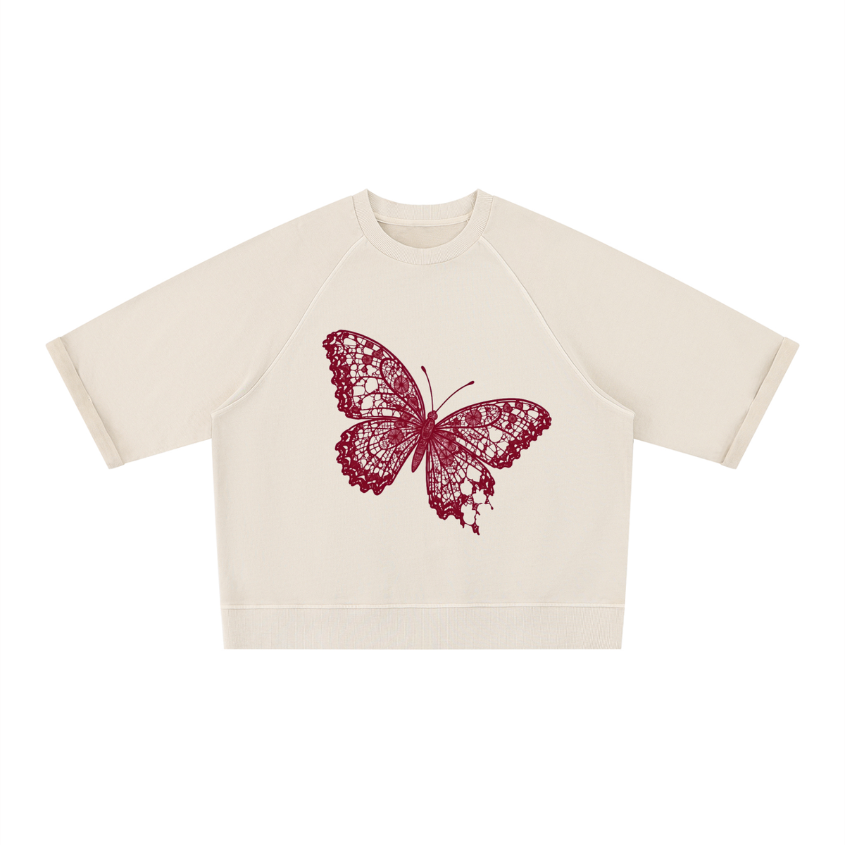 butterflysweatshirt,shortsleevesweatshirt,boxyfit,cottonsweatshirt,laceinspired,burgundybutterfly,lightapricot,vintagewash,relaxedfit