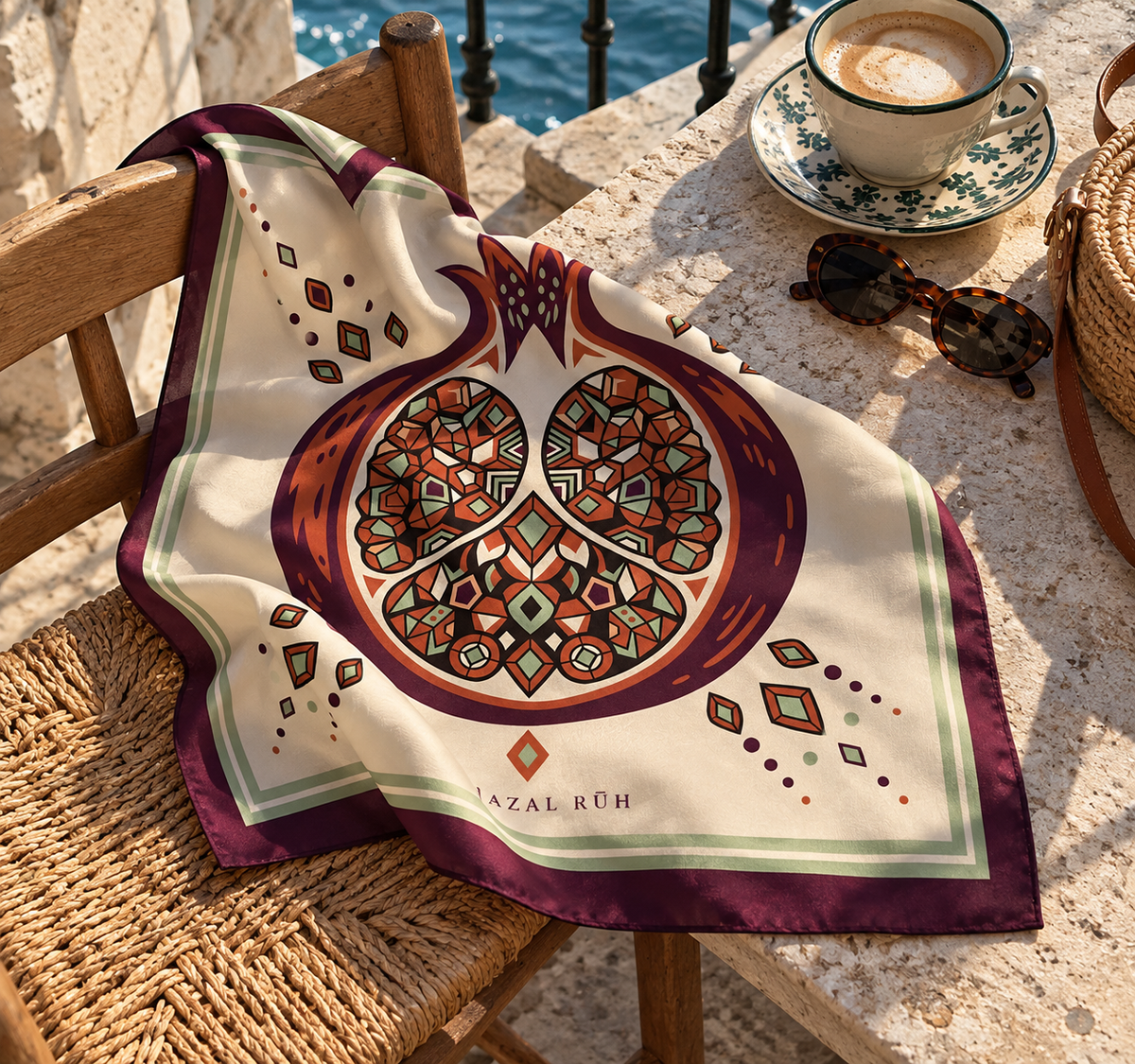 AZAL RŪH Pomegranate Mosaic Bandana – Burgundy & Sage Geometric Scarf