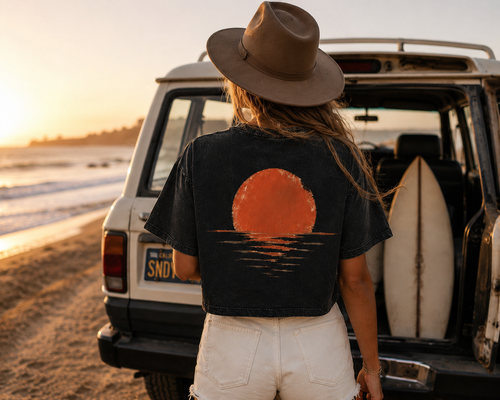 AZAL RŪH Golden Horizon Mineral Wash Crop Tee \| Vintage Sunset T\-Shirt