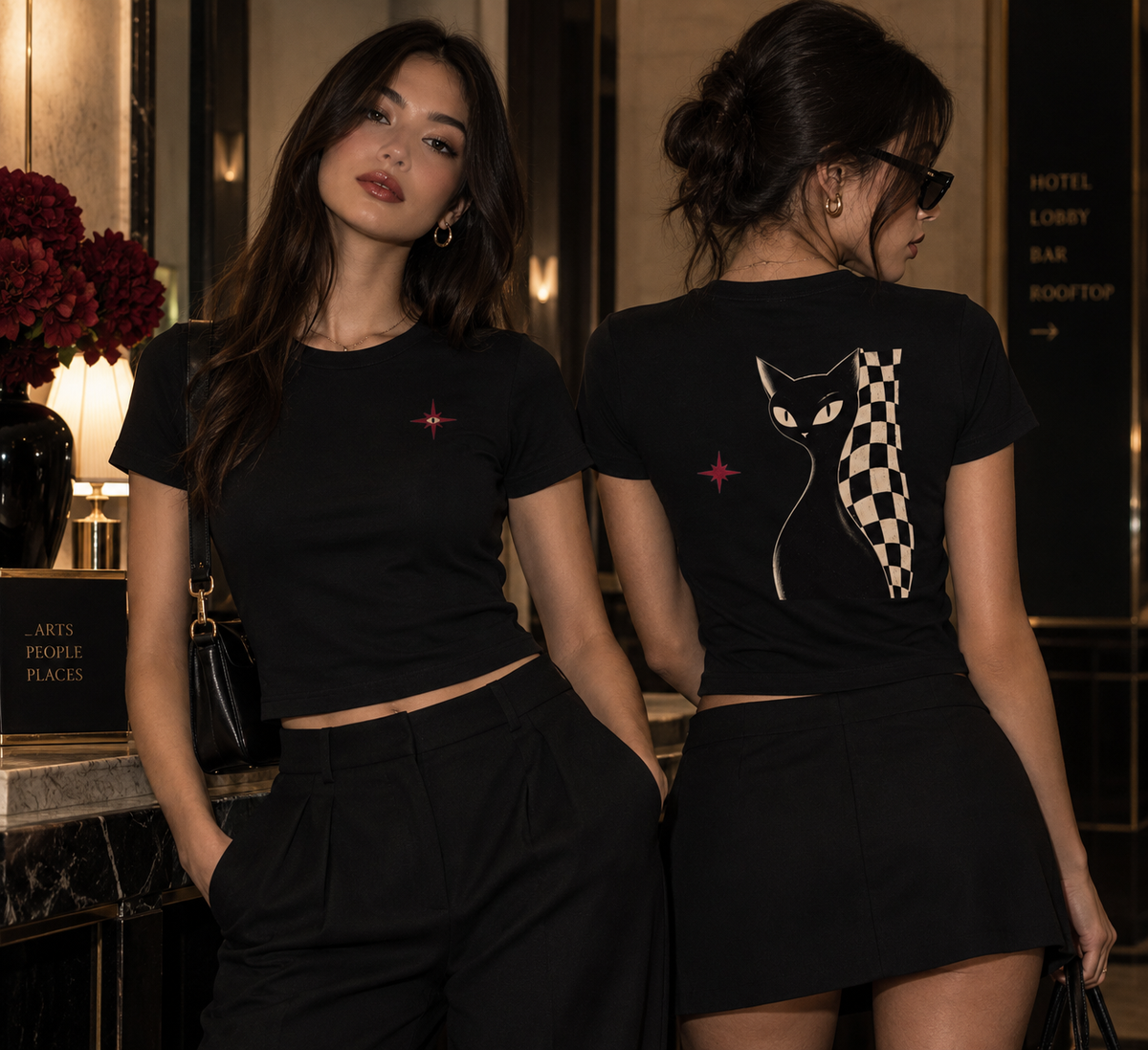 Black Cat Club Baby Tee – Halloween Edit | Women’s Black Cropped Tee- 200 GSM