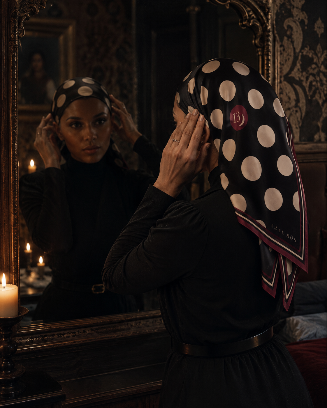 Midnight Polka XIII Bandana — Black, Ivory & Burgundy