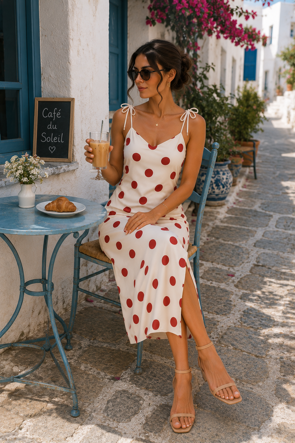 AZAL RŪH Rosalie Polka Dot Midi Dress | Red & Cream Riviera Tie-Strap Dress