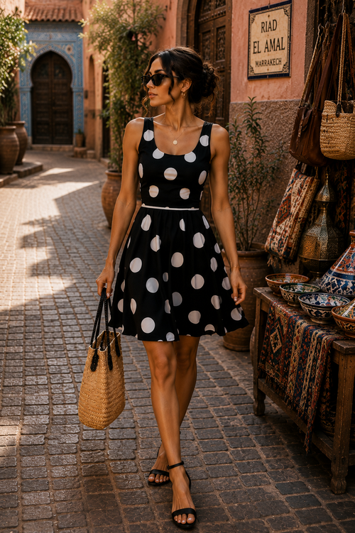 AZAL RŪH Black Ivory Polka Dot Skater Dress | Retro Fit & Flare Summer Dress