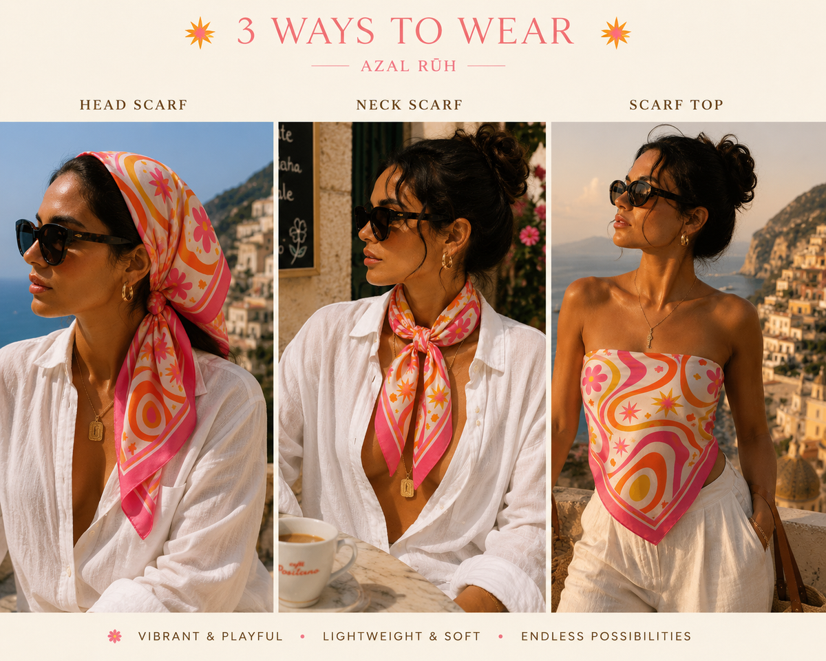 AZAL RŪH Groovy Bloom Bandana Scarf \| Retro 60s Pink & Orange Hair Scarf