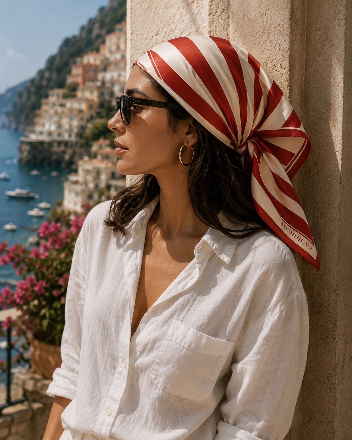 AZAL RŪH Portofino Stripe Bandana Scarf | Red Cream Riviera Hair & Neck Scarf