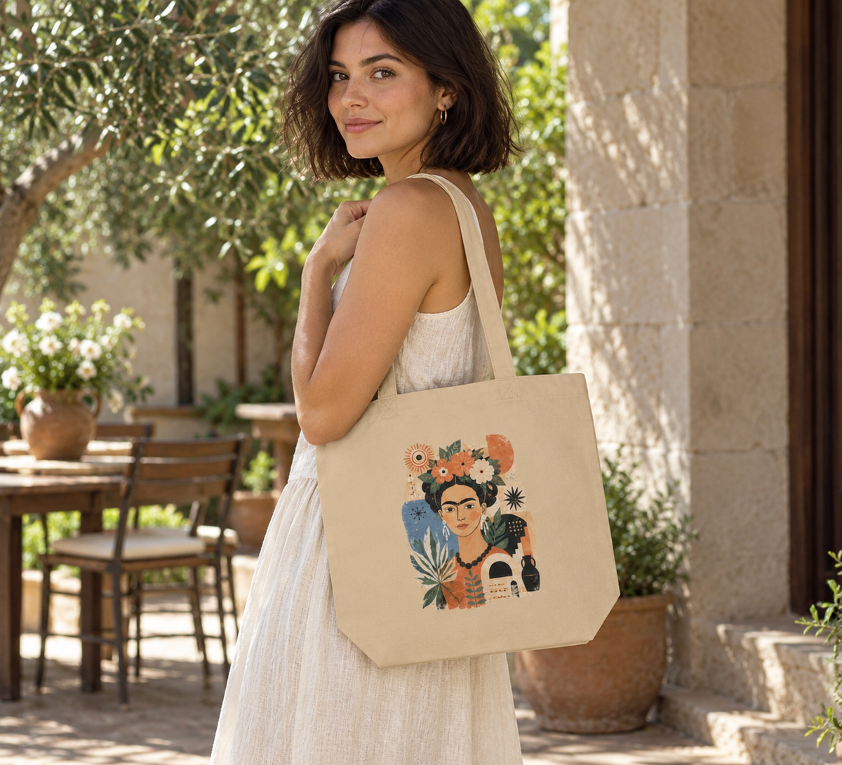 Frida-Inspired Floral Portrait Organic Cotton Tote Bag | AZAL RŪH
