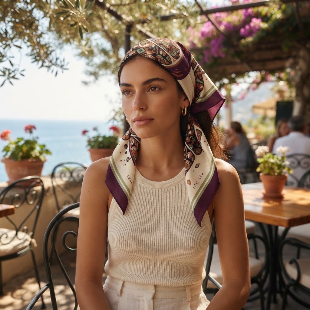 AZAL RŪH Pomegranate Mosaic Bandana – Burgundy & Sage Geometric Scarf