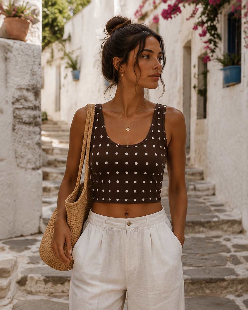 AZAL RŪH Chocolate Polka Dot Crop Tank | Brown & Ivory Retro Summer Top