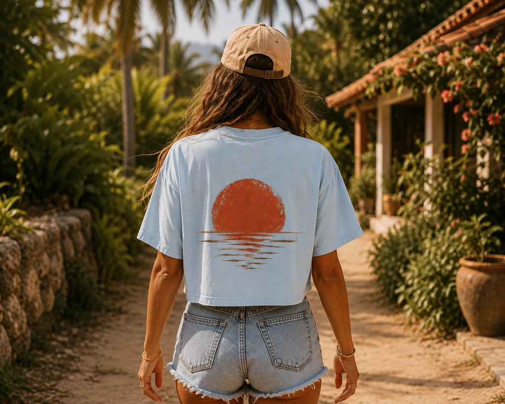 AZAL RŪH Golden Horizon Mineral Wash Crop Tee \| Vintage Sunset T\-Shirt