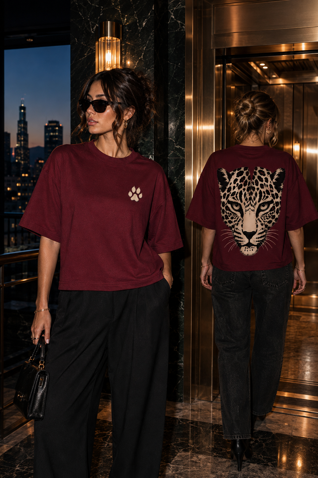 WILD 68 Leopard Boxy Tee — Burgundy