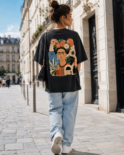 AZAL RŪH Frida Bloom Oversized Tee | Floral Folk Art Graphic Shirt