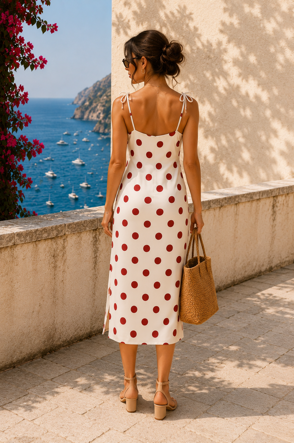 AZAL RŪH Rosalie Polka Dot Midi Dress | Red & Cream Riviera Tie-Strap Dress