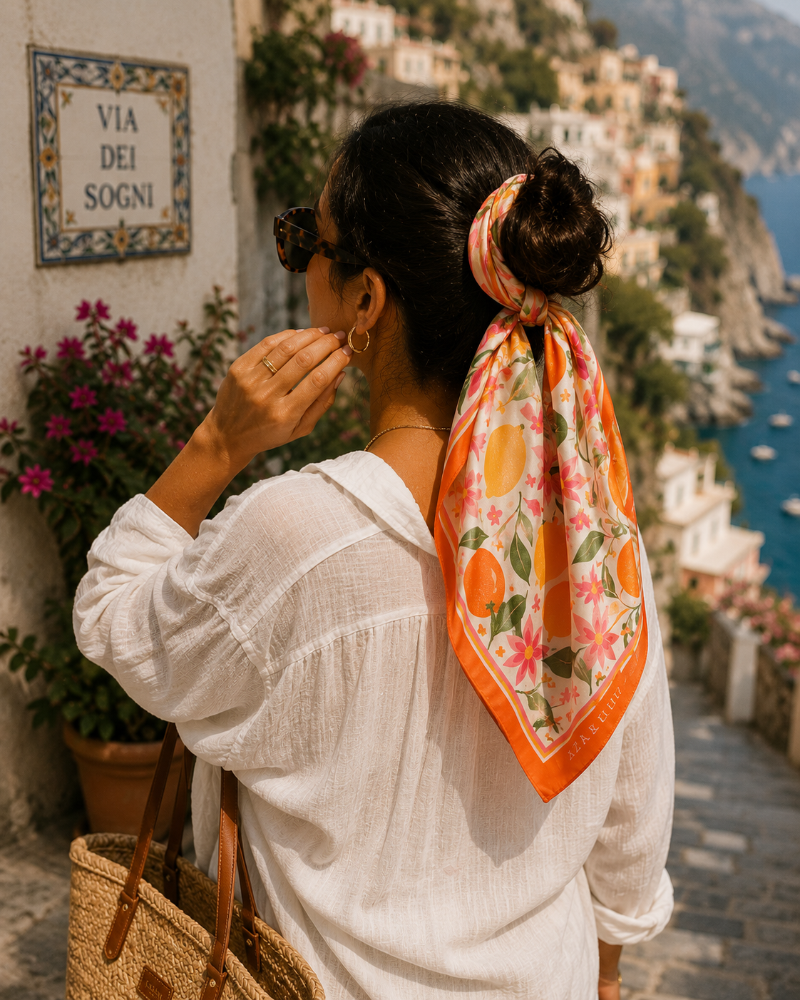 AZAL RŪH Citrus Bloom Bandana Scarf | Mediterranean Lemon & Floral Hair Scarf