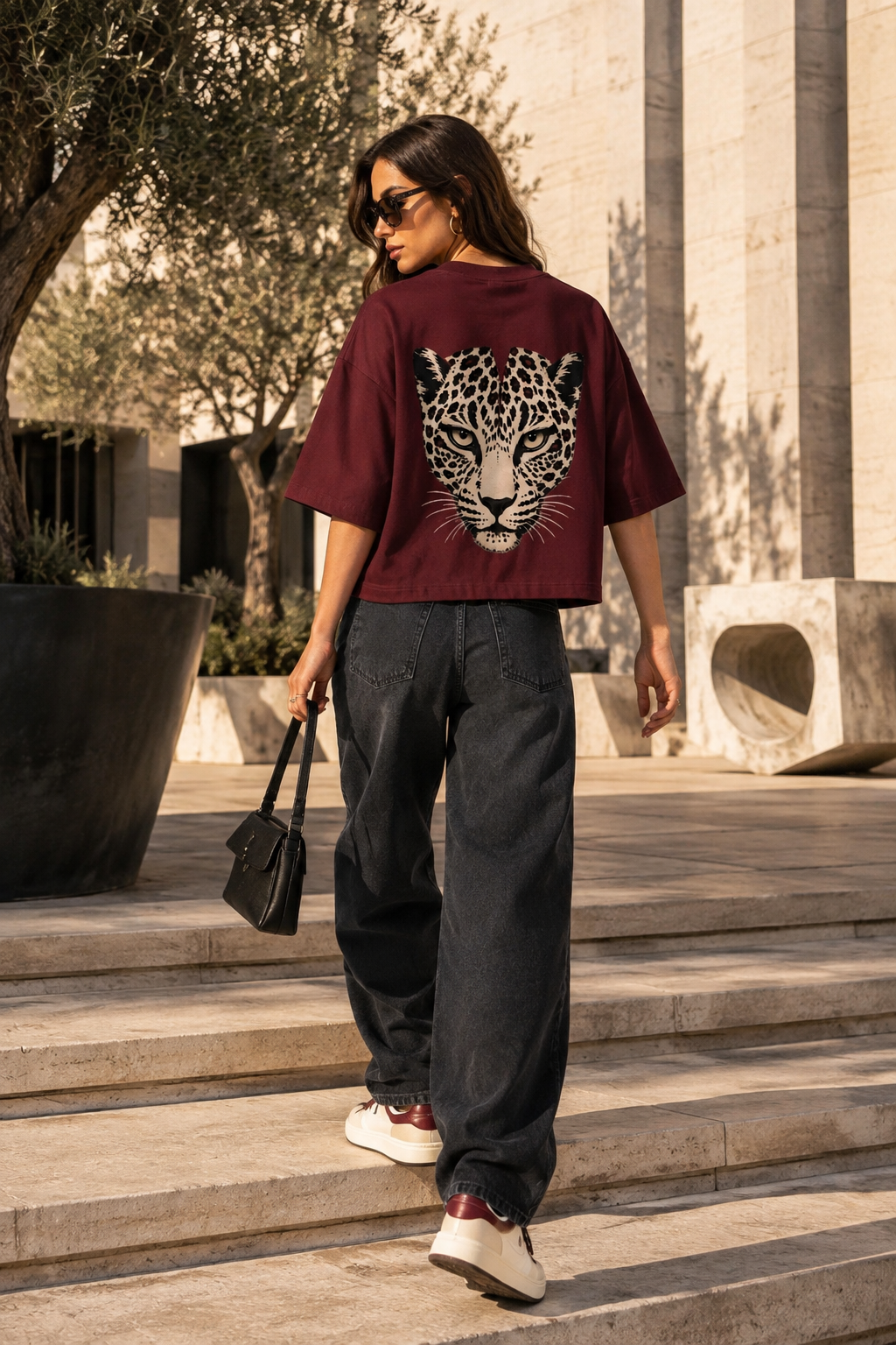 WILD 68 Leopard Boxy Tee — Burgundy