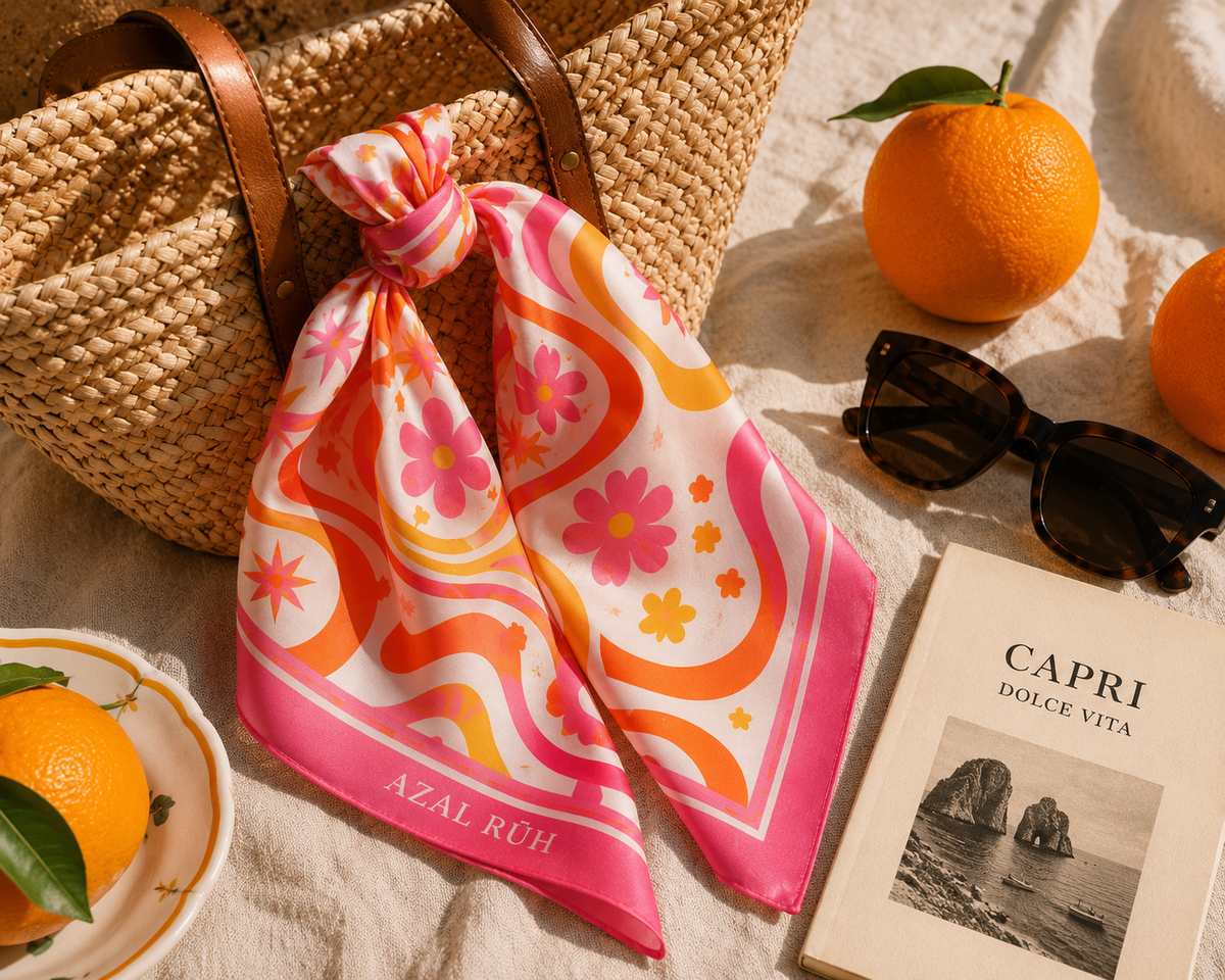 AZAL RŪH Groovy Bloom Bandana Scarf \| Retro 60s Pink & Orange Hair Scarf