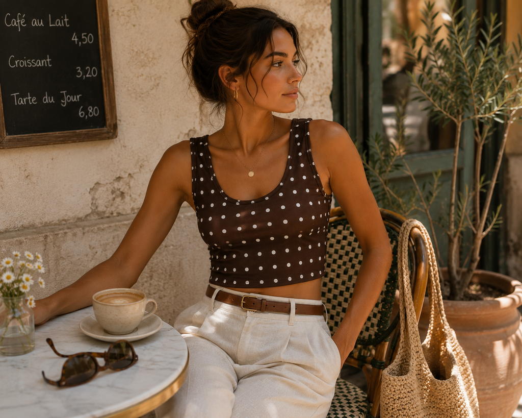 AZAL RŪH Chocolate Polka Dot Crop Tank | Brown & Ivory Retro Summer Top