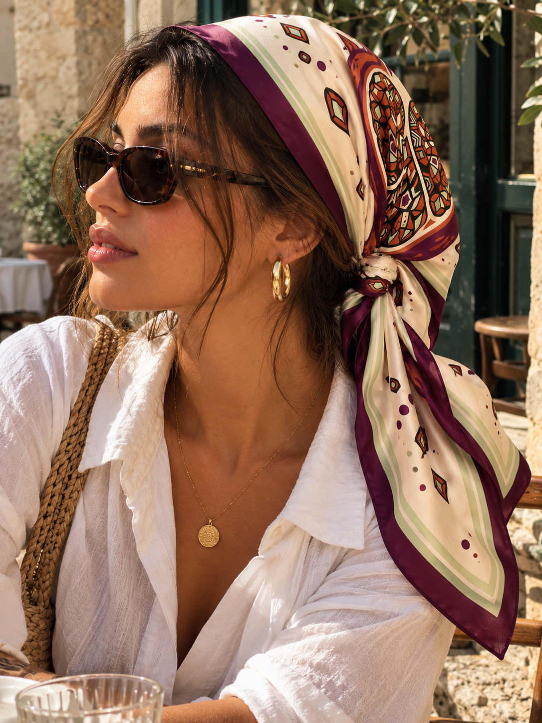AZAL RŪH Pomegranate Mosaic Bandana – Burgundy & Sage Geometric Scarf
