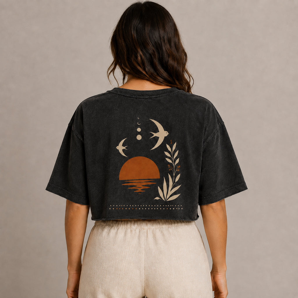 AZAL RŪH Desert Swallow Crop Top | Vintage Sunset Graphic Tee