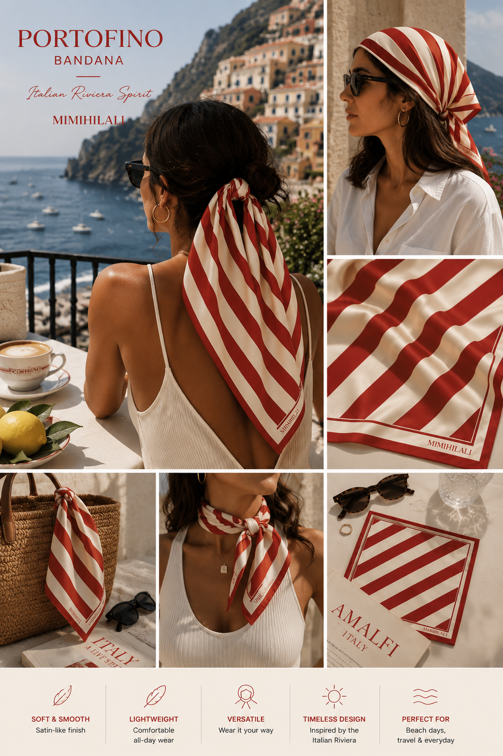 AZAL RŪH Portofino Stripe Bandana Scarf | Red Cream Riviera Hair & Neck Scarf
