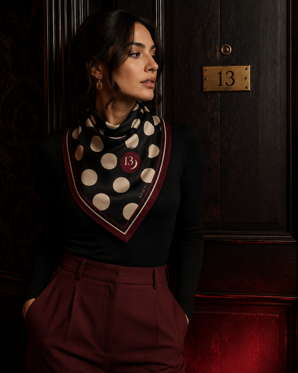 Midnight Polka XIII Bandana — Black, Ivory & Burgundy