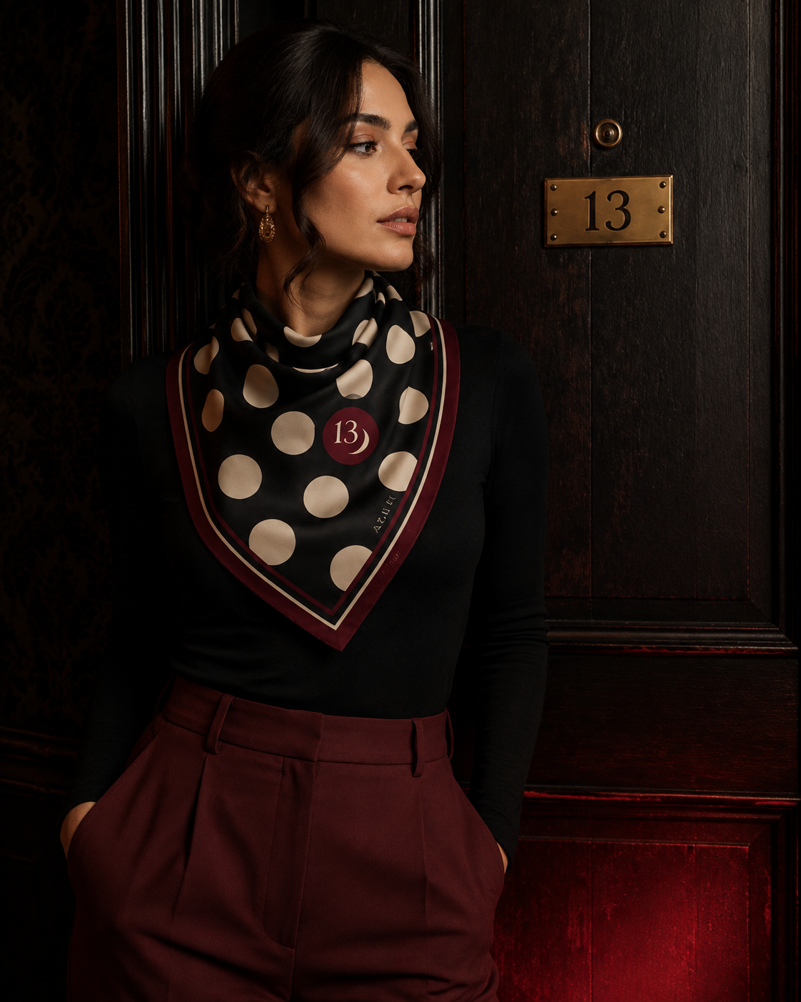 Midnight Polka XIII Bandana — Black, Ivory & Burgundy