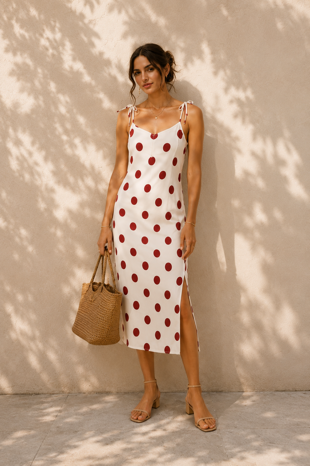 AZAL RŪH Rosalie Polka Dot Midi Dress | Red & Cream Riviera Tie-Strap Dress