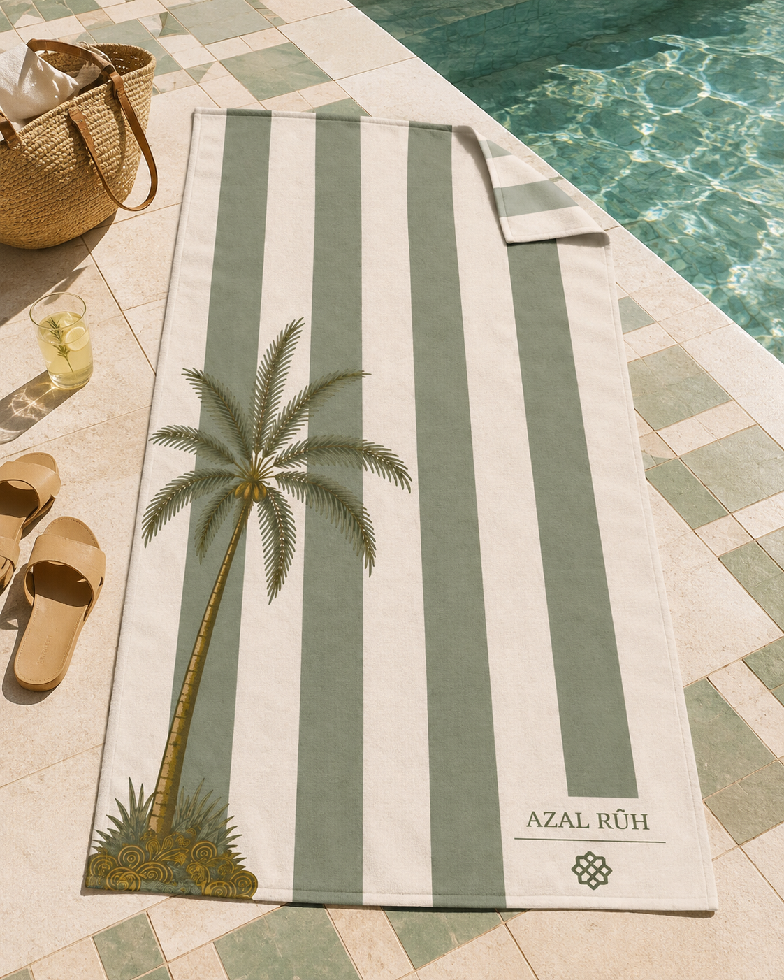 AZAL RŪH Sage Palm Stripe Beach Towel | Mediterranean Resort Towel