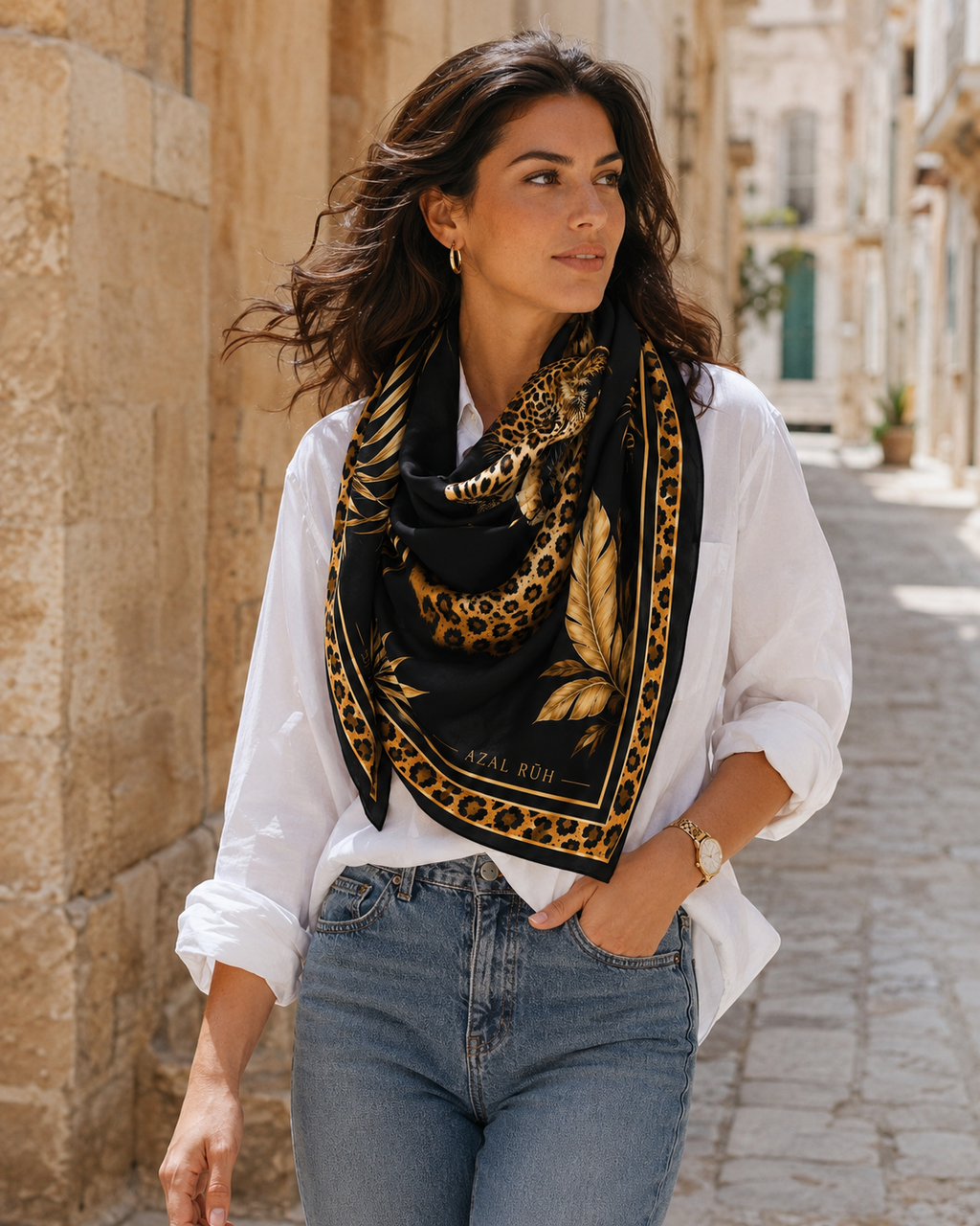 Leopard Noir Bandana Scarf — Black & Gold