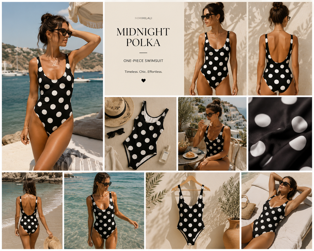 AZAL RŪH Midnight Black Polka One-Piece Swimsuit | French Riviera Resort Swimwear