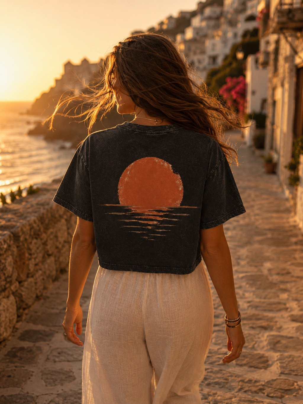 AZAL RŪH Golden Horizon Mineral Wash Crop Tee \| Vintage Sunset T\-Shirt