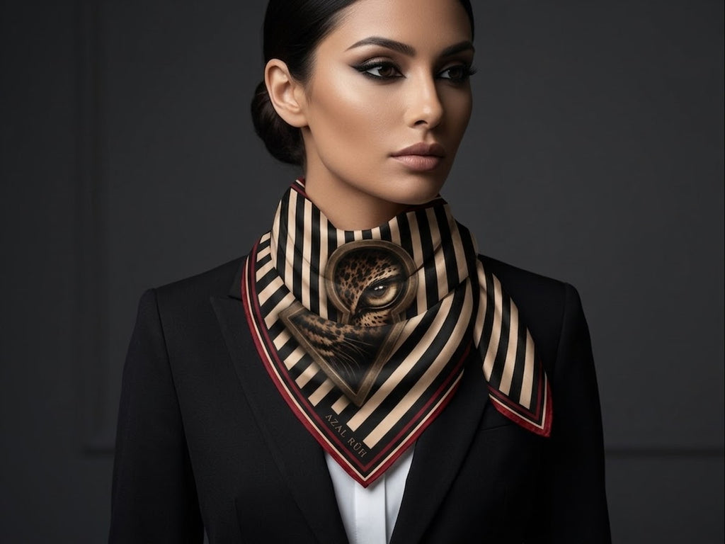 The Keyhole Leopard Bandana - black ivory and burgundy scarf, AZAL RŪH