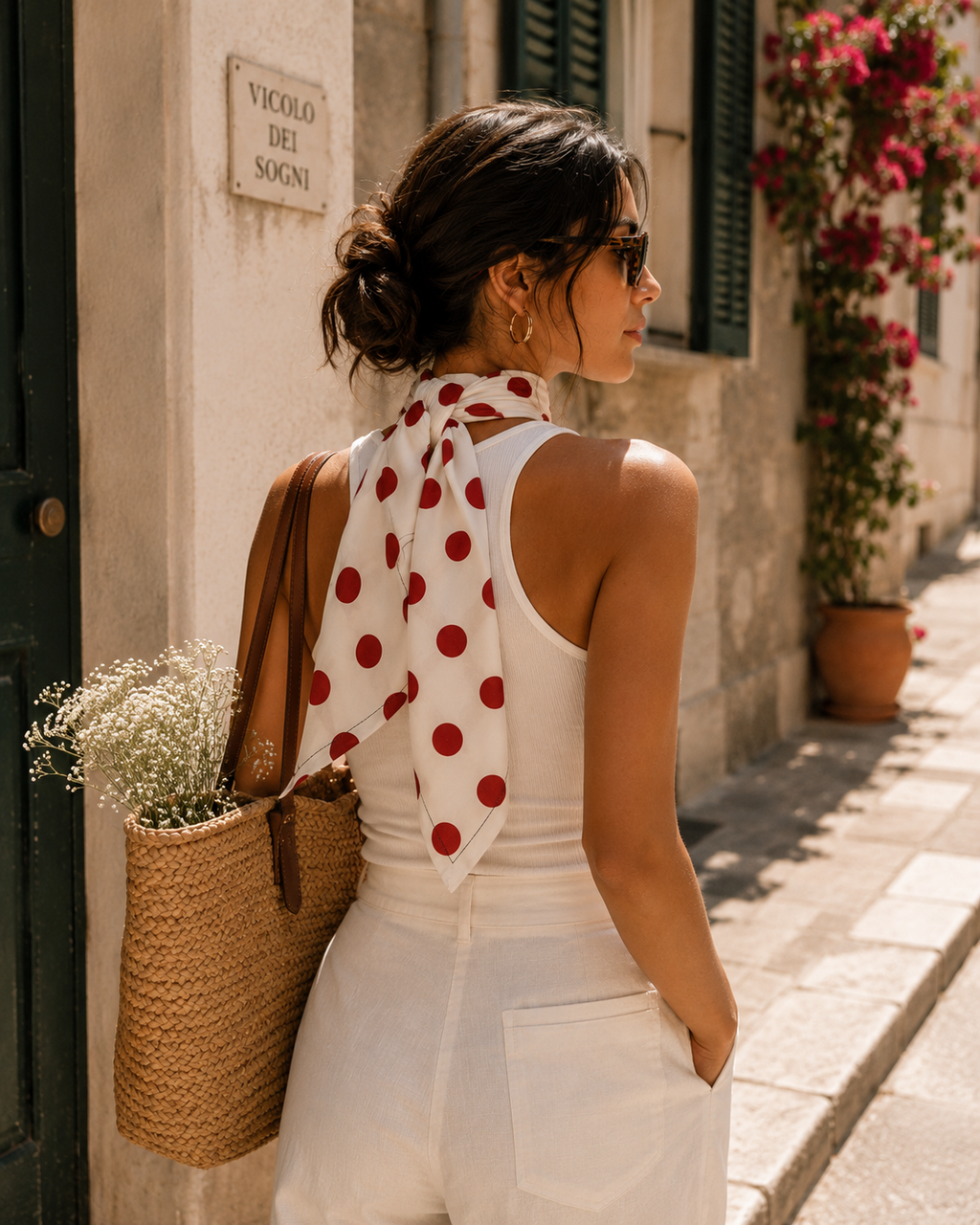 AZAL RŪH Rosalie Polka Dot Bandana Scarf \| Cream & Red Retro Hair Scarf