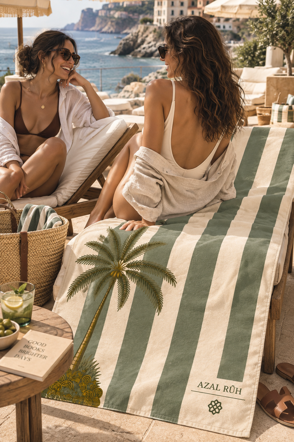 AZAL RŪH Sage Palm Stripe Beach Towel | Mediterranean Resort Towel