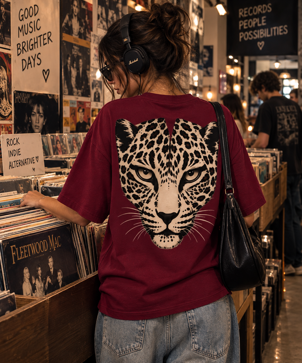 WILD 68 Leopard Boxy Tee — Burgundy