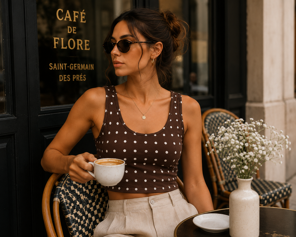 AZAL RŪH Chocolate Polka Dot Crop Tank | Brown & Ivory Retro Summer Top