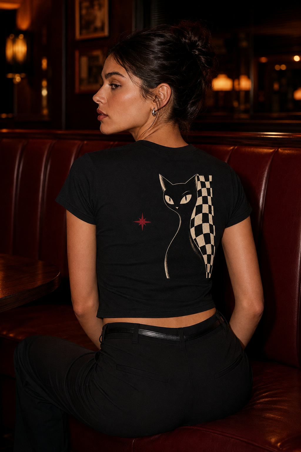 Black Cat Club Baby Tee – Halloween Edit | Women’s Black Cropped Tee- 200 GSM