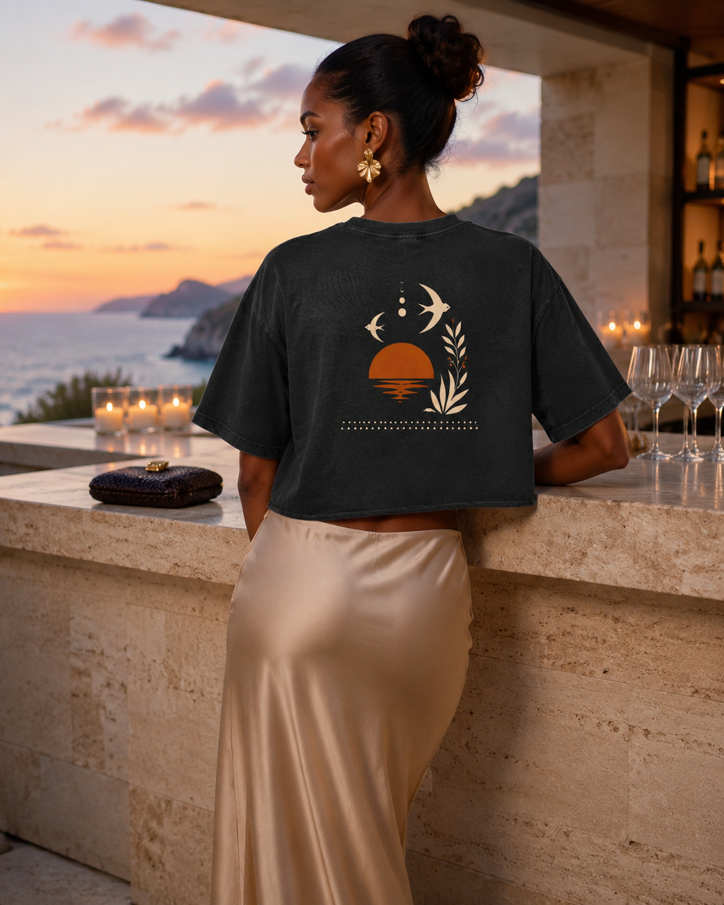 AZAL RŪH Desert Swallow Crop Top | Vintage Sunset Graphic Tee