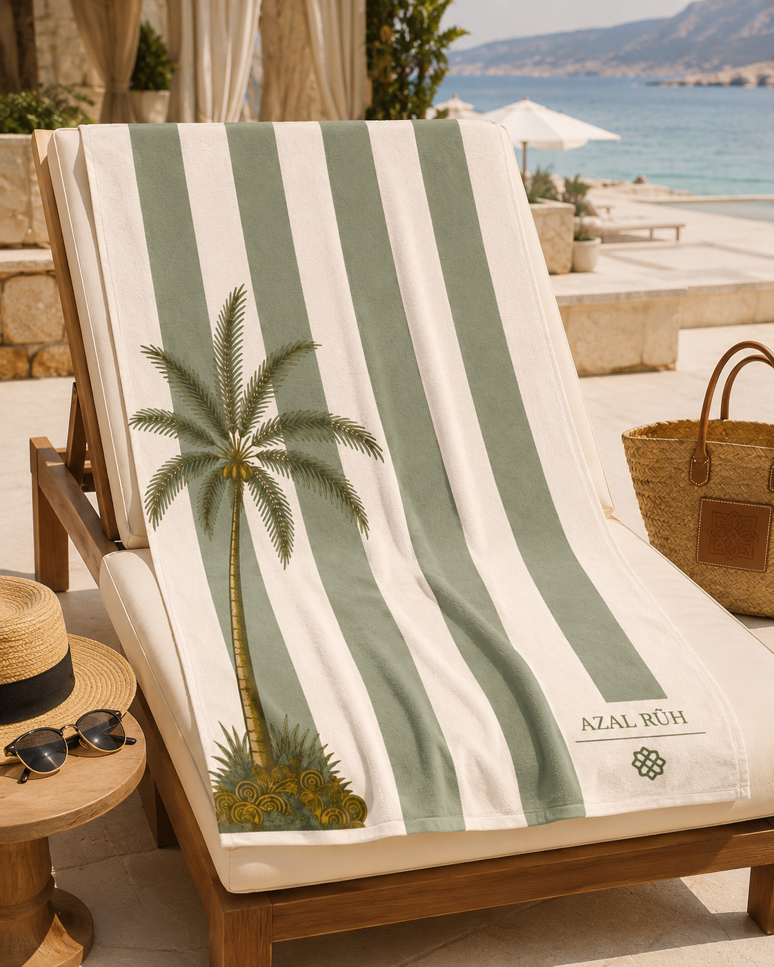 Sage Palm Stripe Beach Towel - Mediterranean resort towel, AZAL RŪH