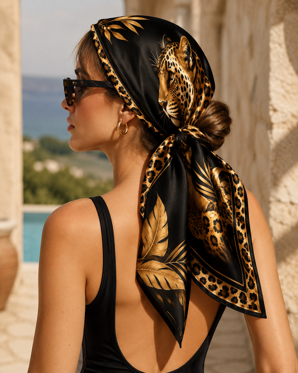 Leopard Noir Bandana Scarf — Black & Gold