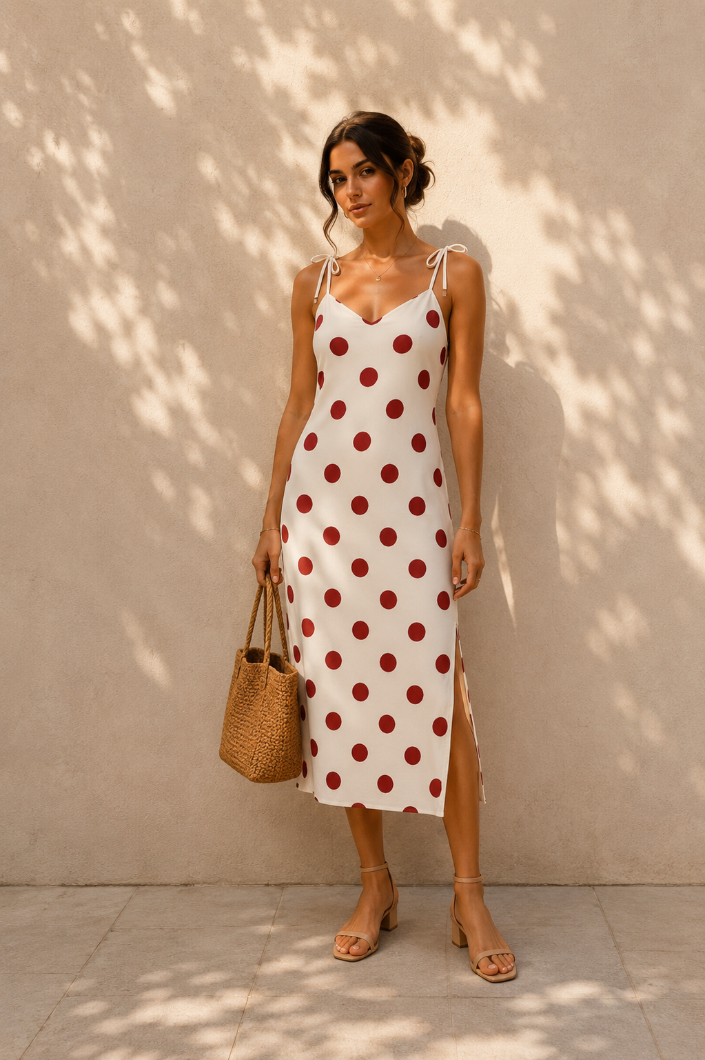 AZAL RŪH Rosalie Polka Dot Midi Dress | Red & Cream Riviera Tie-Strap Dress